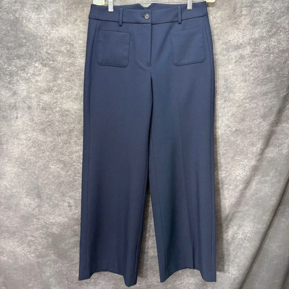 J.Crew Carolina Carreman Fabric Wide Leg Pants Trousers Women's Size 10P Navy